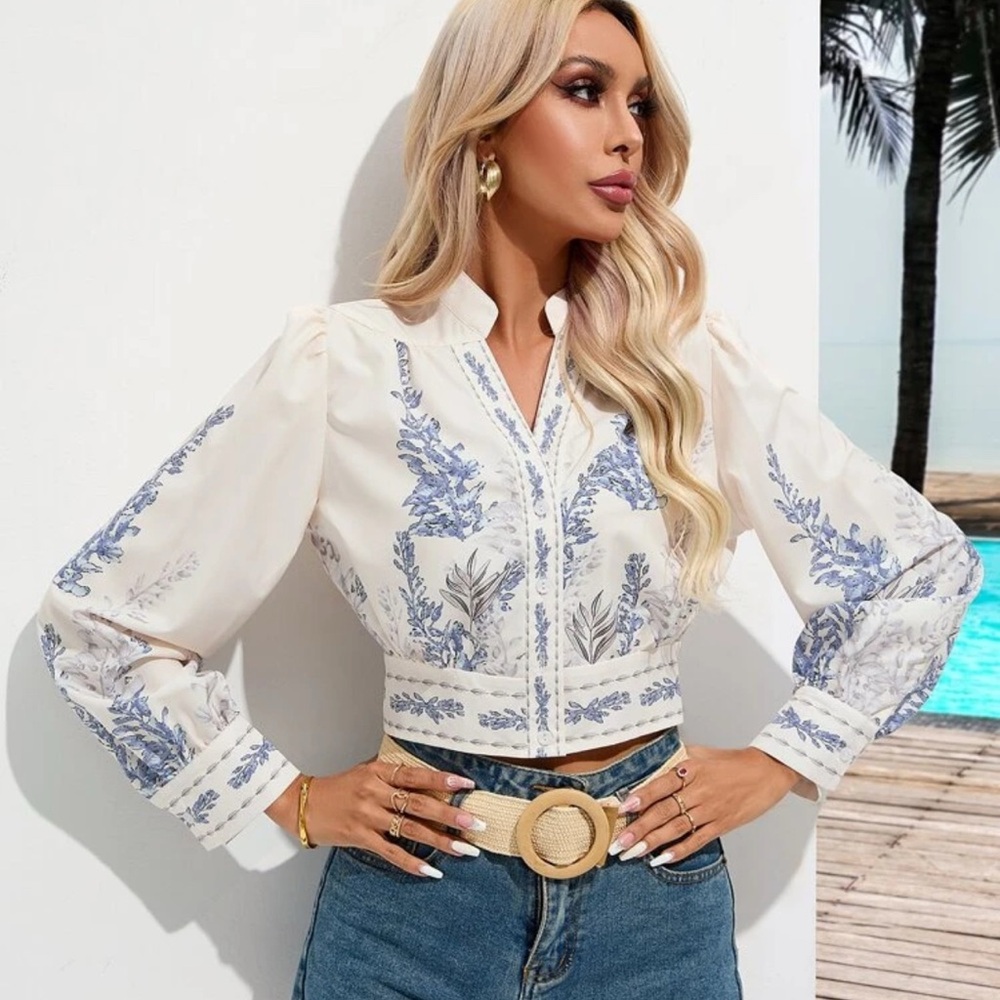 Cream Embellished Crop Blouse with Notched Collar